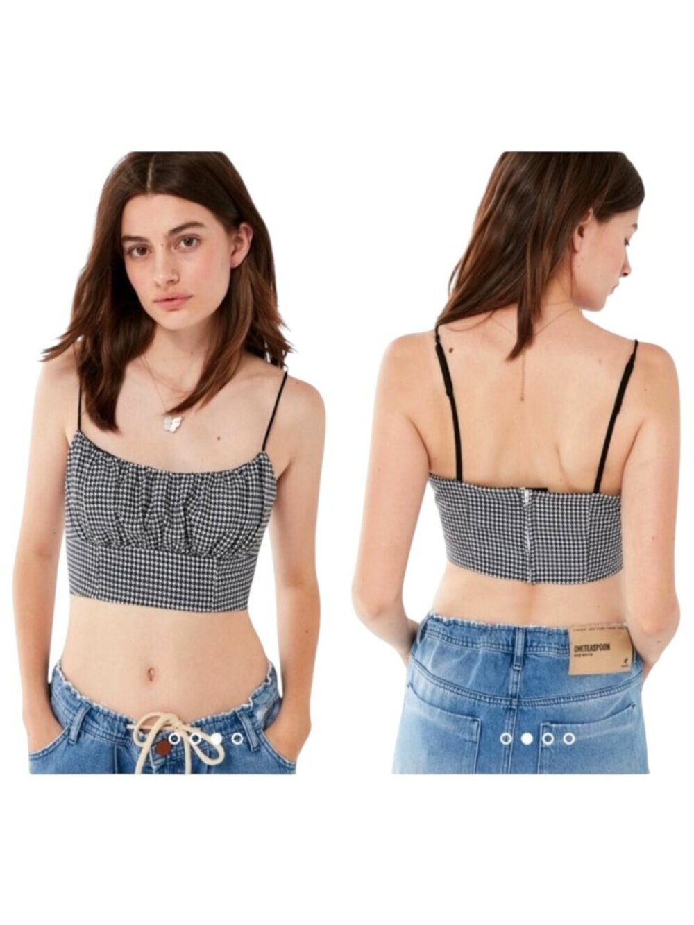 C/meo Collective Shirt Women Small Black White Houndstooth Pleated Cropped Top